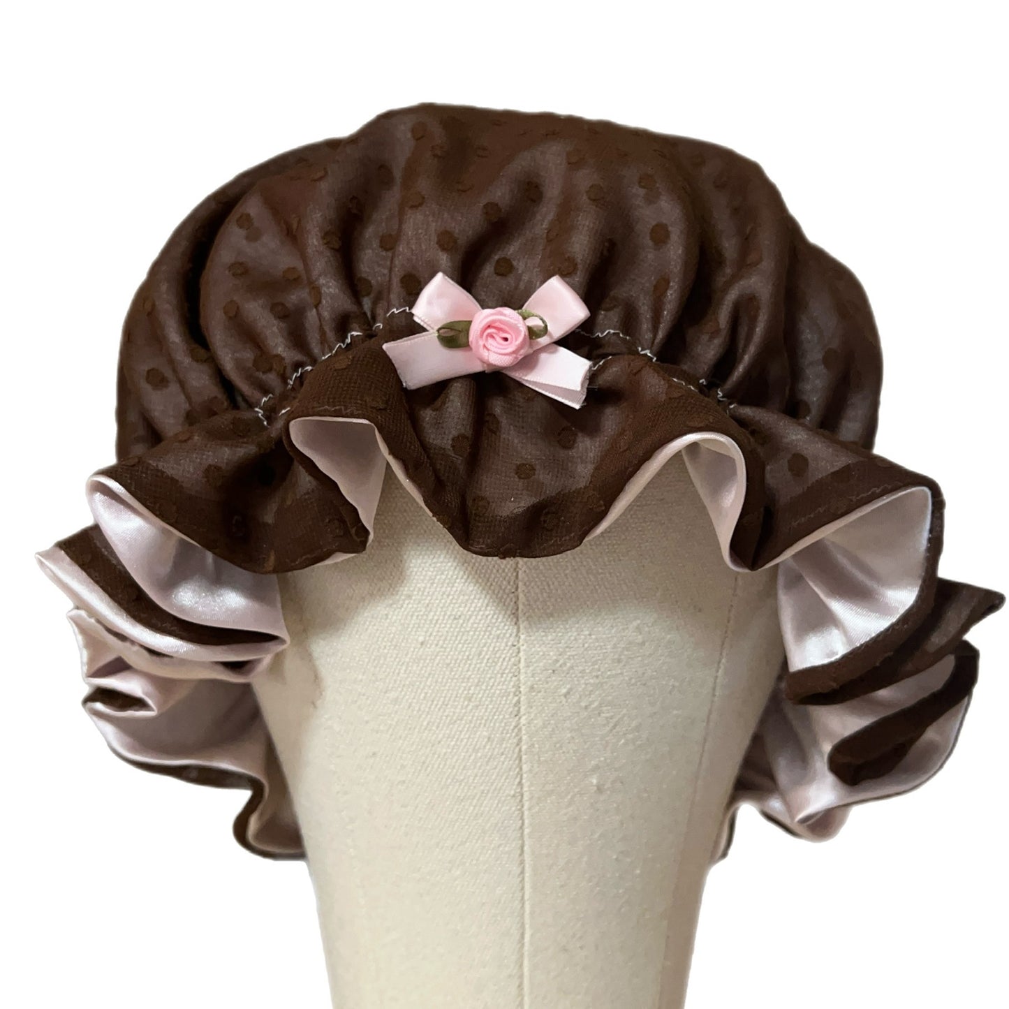 brown pink polka dot bonnet