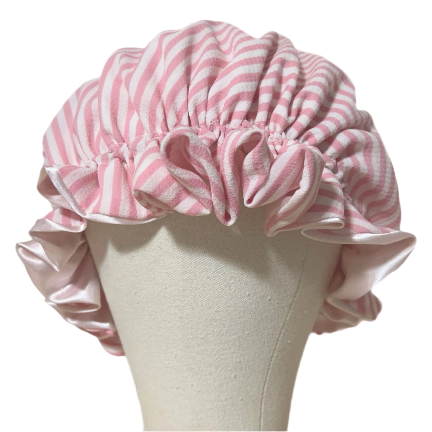 pink white striped bonnet