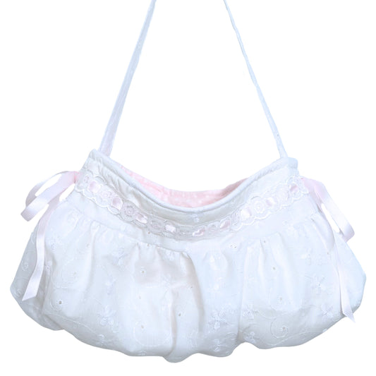 cotton “babydoll” bag white embroidered & pink bows